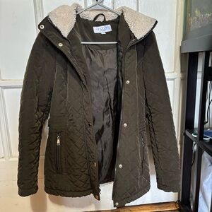 Laundry by Shelli Segal Quilted Green Winter Sherpa Hooded Jacket Y2K Style